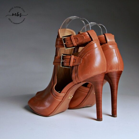 EUC Michael Kors Buckle Leather Blaze Open Toe Heeled Booties Tan Women Size 9 - Picture 5 of 13